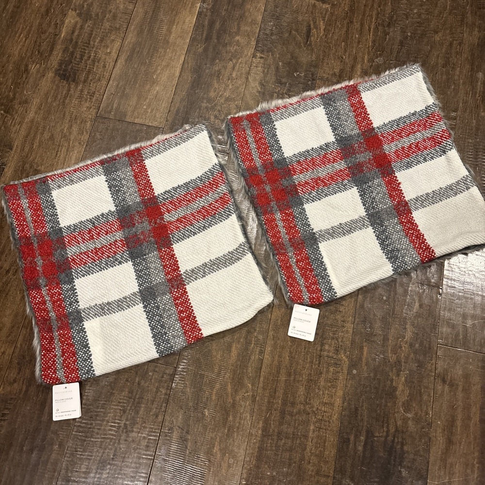 NEW POTTERY BARN Graham Plaid & Faux Fur Back Throw Pillow Cover Zipper‎ Closure